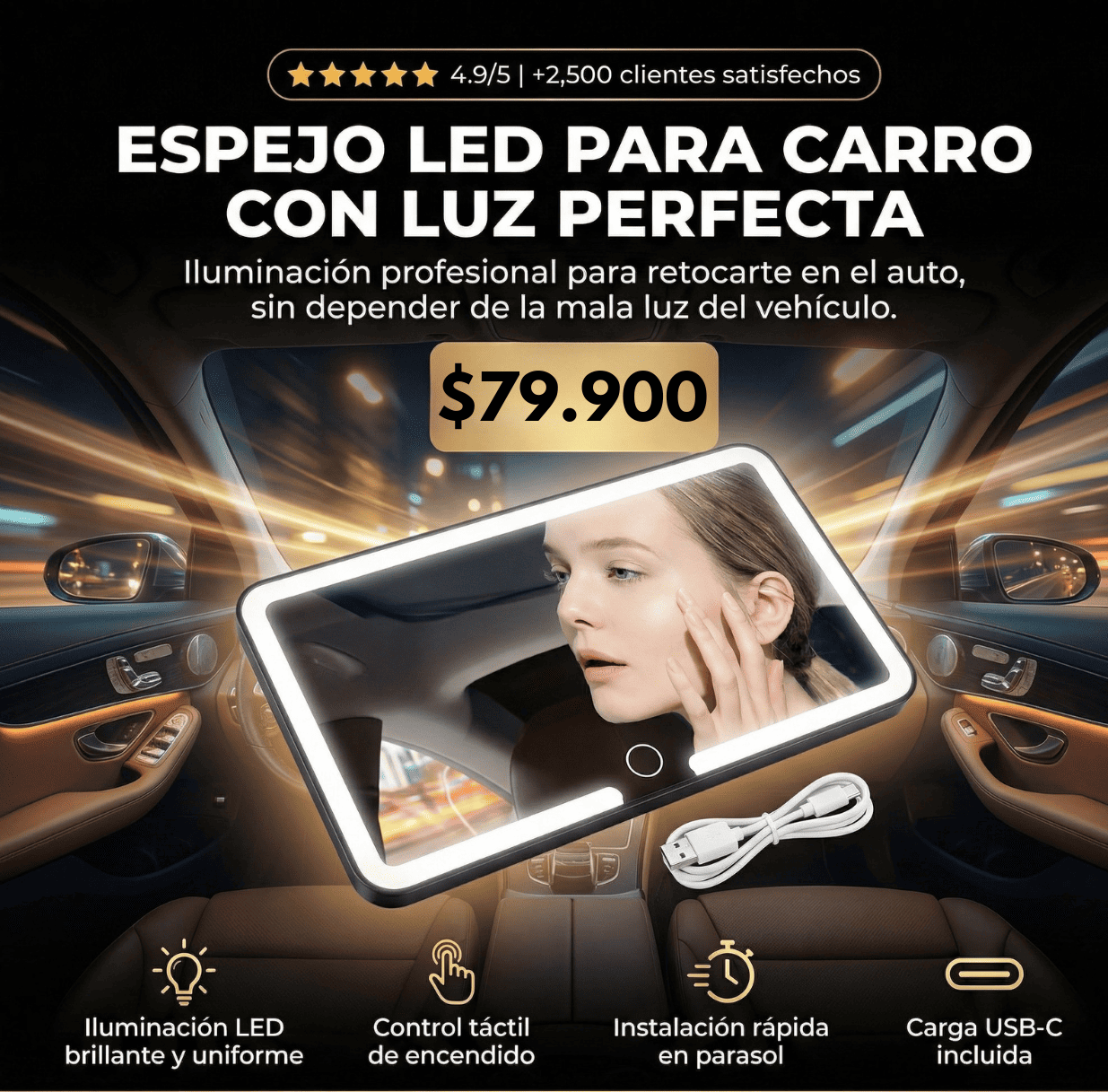 Espejo Led de Maquillaje para Carro